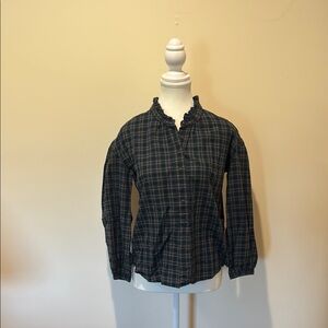 Madewell Plaid Ruffle Collar Blouse - Navy and Green